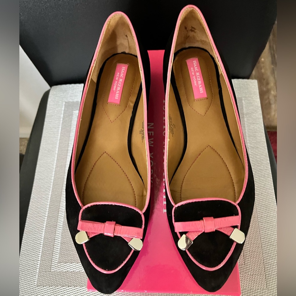 ISAAC MIZRAHI PRE-LOVED AUTHENTIC GENUINE BLACK SUEDE/PINK LEATHER TRIM …